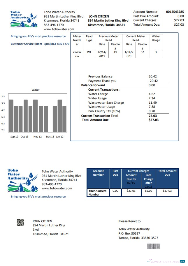 download USA Florida Toho Water Authority utility bill template in Word and PDF format PDF template